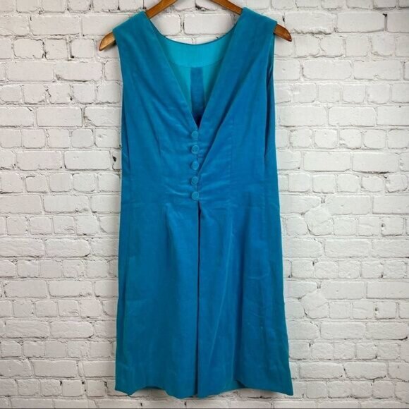Vintage 60s Turquoise Velvet Button Front Sleeveless Dress - Picture 6 of 8
